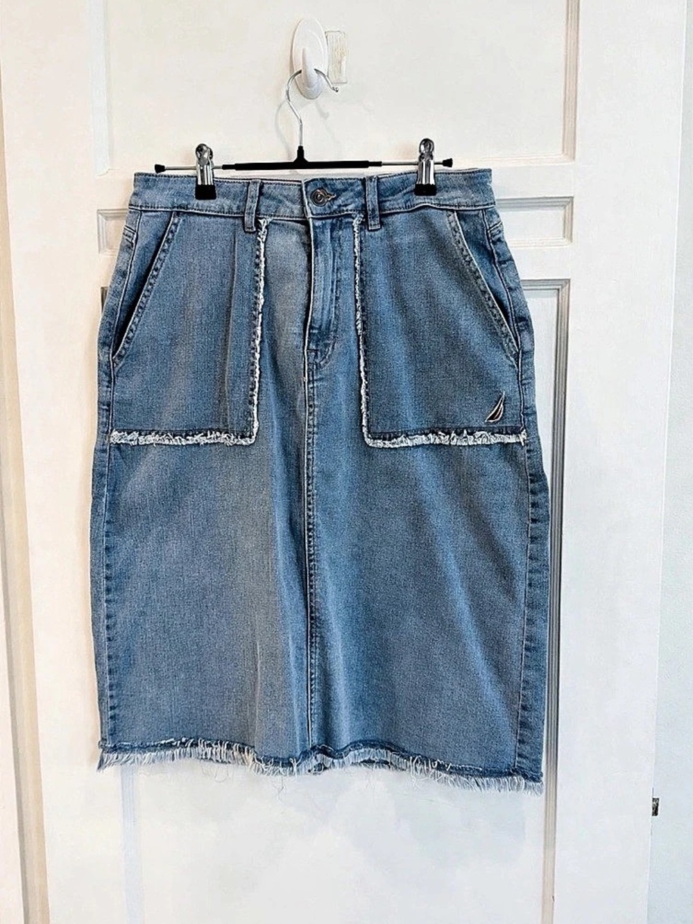 Nautica Jeans Co. Frayed Denim Skirt Midi Skirt in Blue